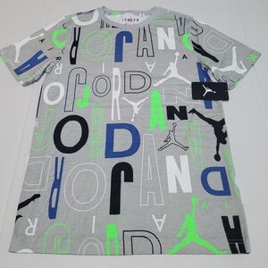 Nike Jordan All-Over Logo Tee in Grey, Neon Green & Blue